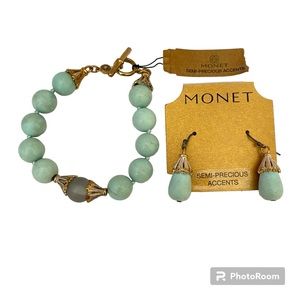 NWT Monet Earring/Bracelet, Turquoise/Aquamarine Semi-Precious Stones, Goldtone
